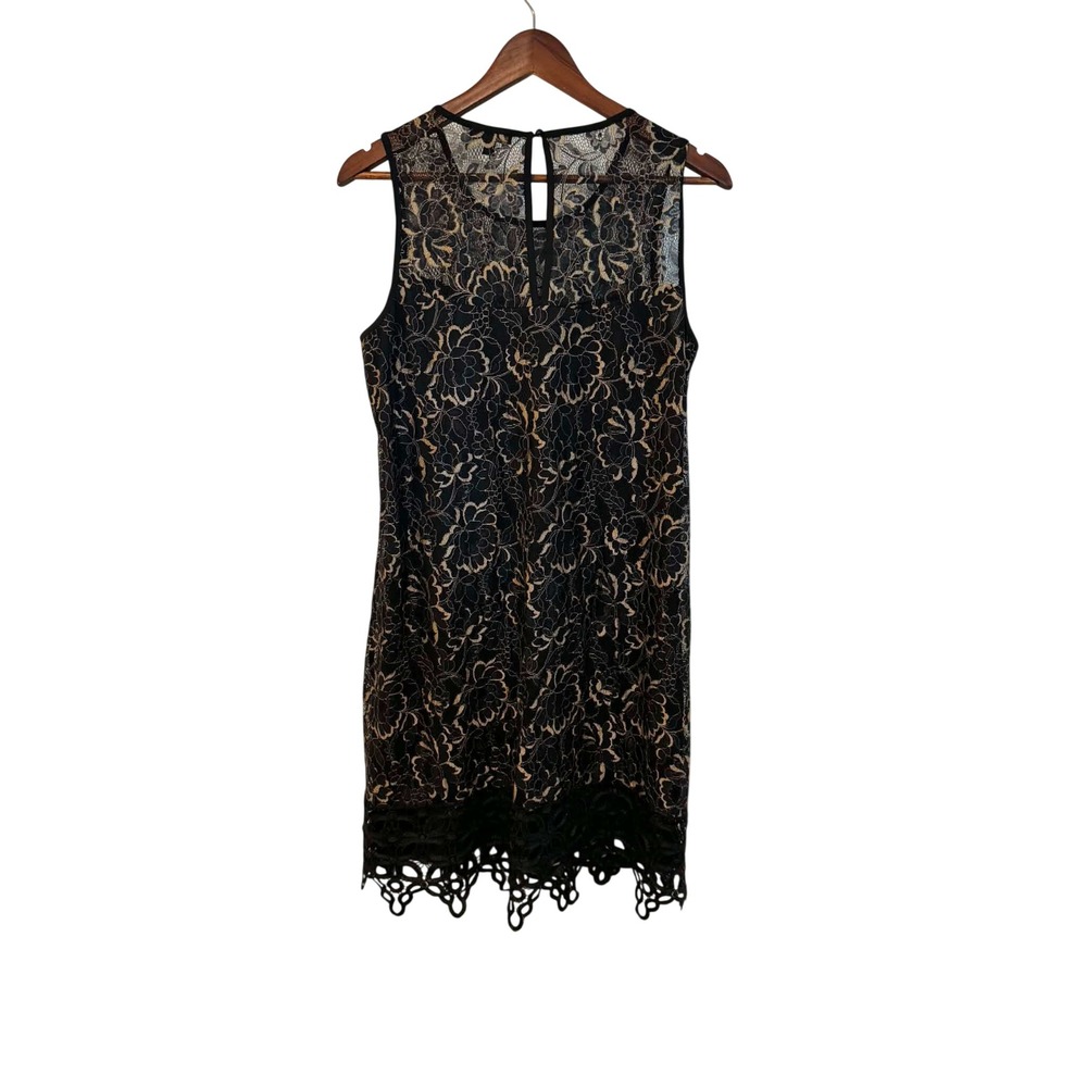 Cupio Lace‎ Shift Dress Womens L Black Gold Excellent Sleeveless Scalloped Hem